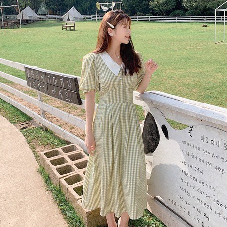Đầm dài cổ chữ V ngắn tay họa tiết kẻ sọc ca rô thời trang 44719