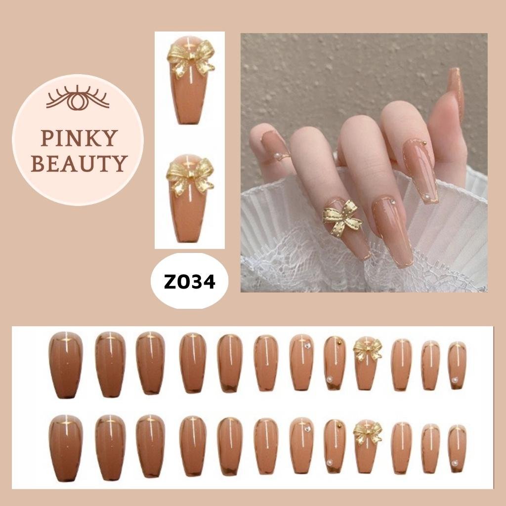 Móng Tay Giả Đính Đá Bộ 24 Móng Giả Pinky Beauty Họa Tiết Đa Dạng, Đẹp Sang Trọng Phong Cách Dài, Ngắn Cho Nữ Kèm Keo