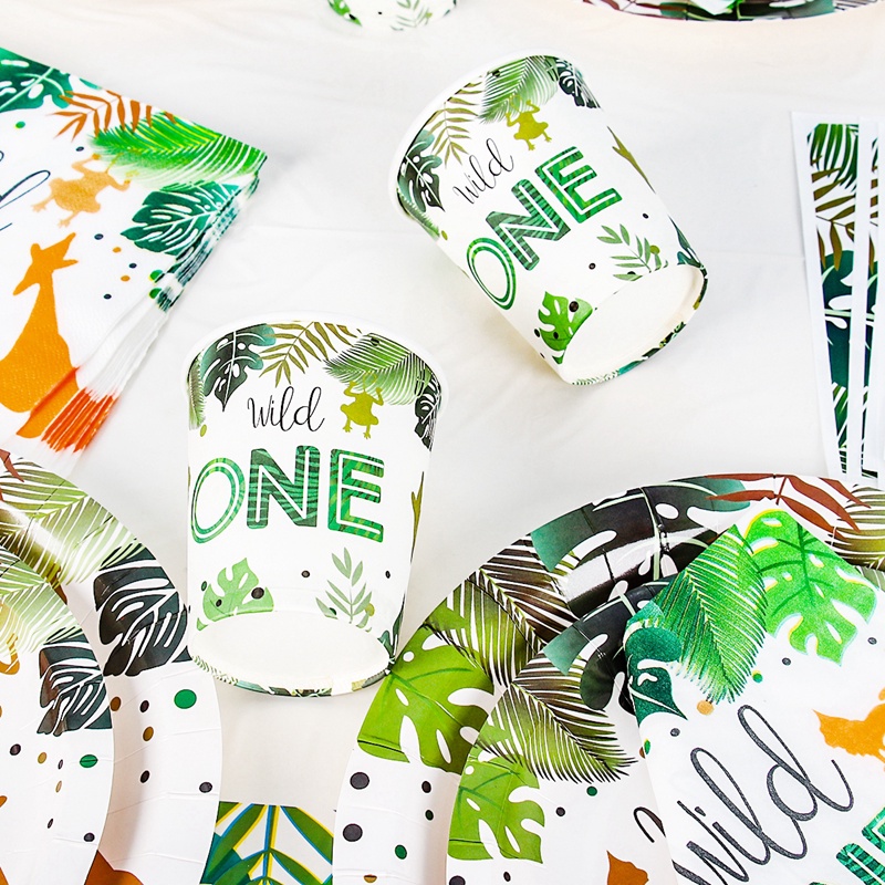 Bộ Dụng Cụ Bàn Ăn Và Cốc Giấy Dùng Một Lần Trang Trí Tiệc Sinh Nhật In Hình Rừng Cây Cho Trẻ Em 1 Tuổi