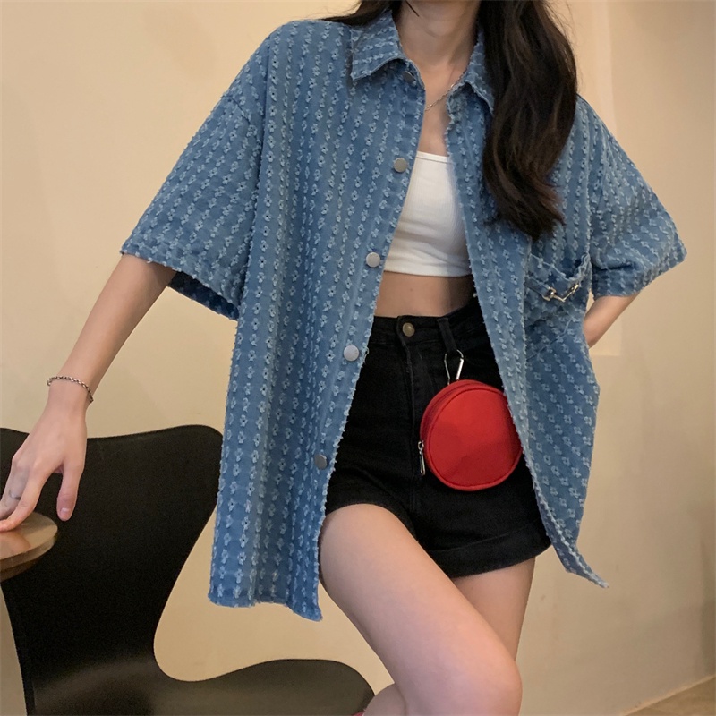 QOEDDV Áo Sơ Mi denim Tay Ngắn Phong Cách Hàn Quốc Cổ Điển Thời Trang Cho Nữ