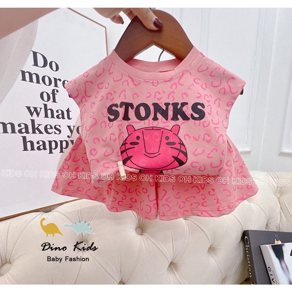Bộ cộc tay mùa hè bé gái in hình thú dễ thương, cặp bộ hổ hồng STONKS quần giả váy siêu xinh cho bé