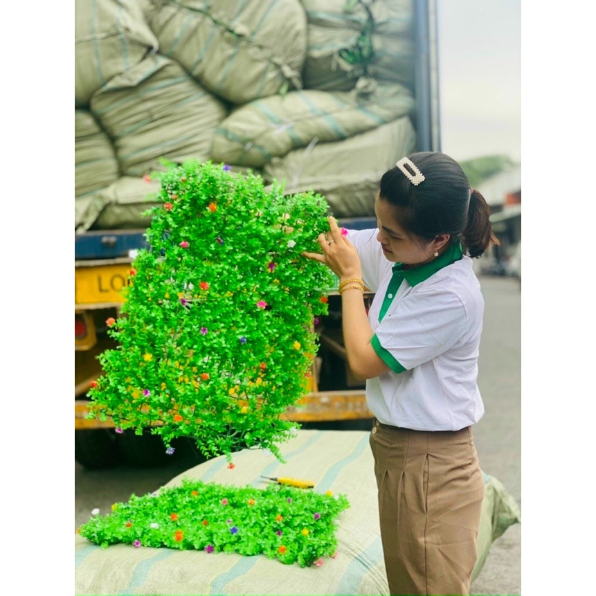 Thảm Cỏ treo tường có đính hoa, tấm cỏ cải xoong trang trí, cỏ nhựa tai chuột trang trí, Tấm dài 60cm, rộng 40cm