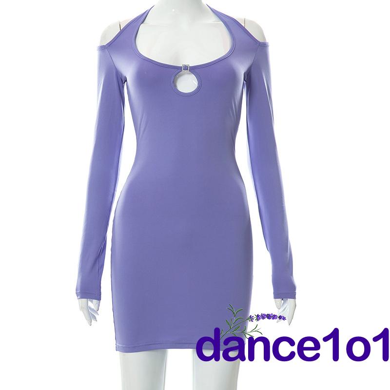 dance1o1-Women´s Long Sleeve Cutout Solid Color Halter Bodycon Mini Dress