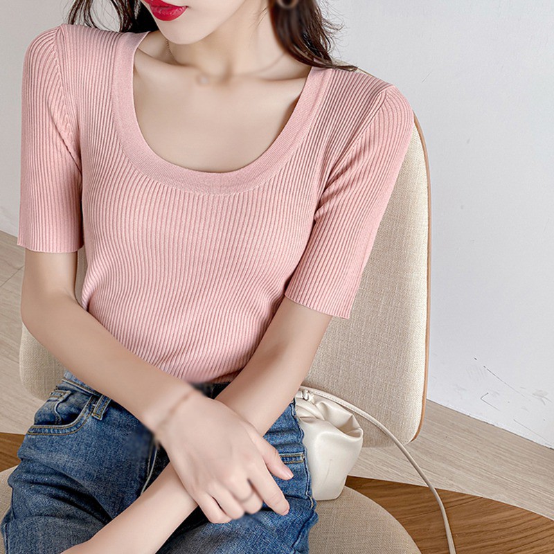 Áo Thun Tay Ngắn Cổ Chữ U Màu Trơn Thời Trang Cho Nữ