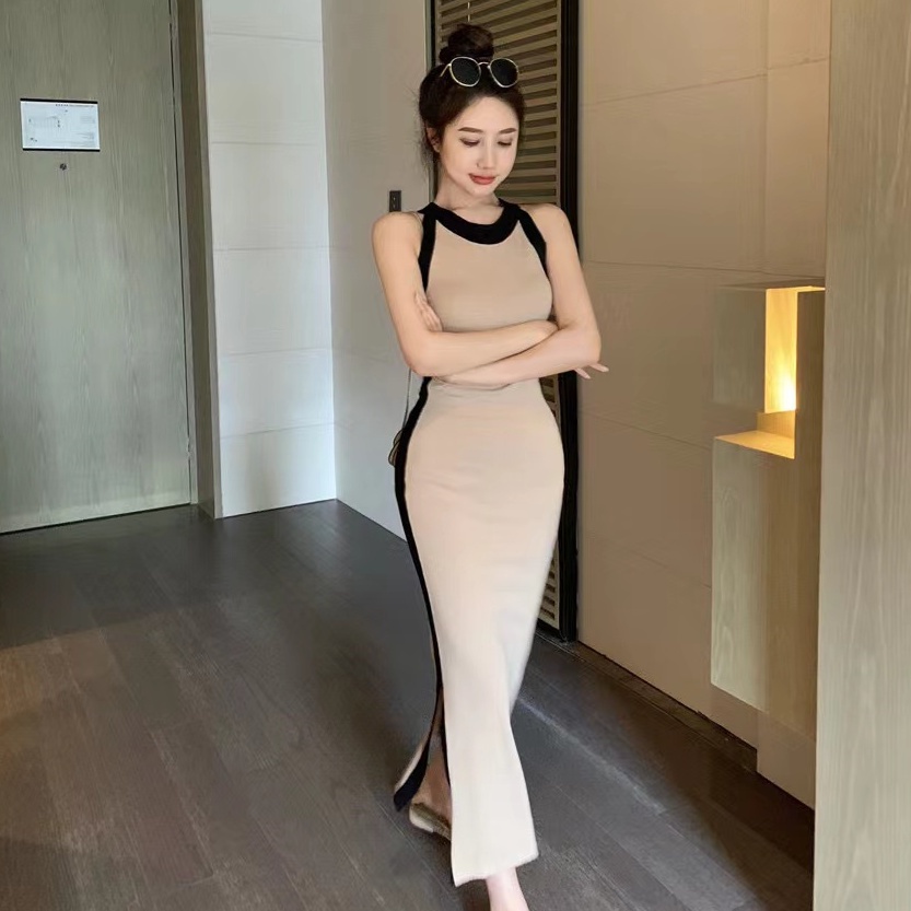 Đầm maxi dệt kim SUXI sát nách cổ tròn thiết kế đơn giản hợp thời trang