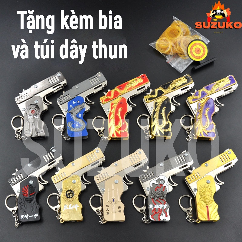 Đồ chơi súng bắn thun nịt mini gấp gọn có móc chìa khoá bằng kim loại bền đẹp cho trẻ em tặng kèm bia và dây chun