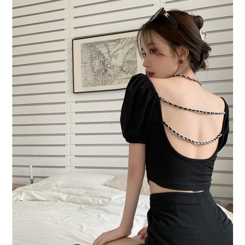 Áo Thun Croptop Tay Ngắn Phối Dây Xích Kiểu Hàn Quốc Thiết Kế Trẻ Trung Cho Nữ