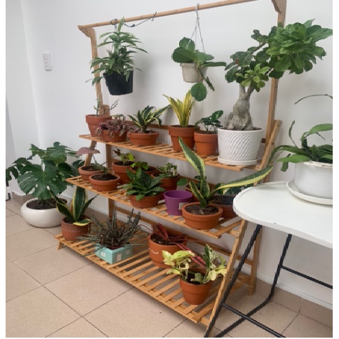 Kệ Hoa Gỗ Tre Chữ H 4 tầng Lệch Ngăn Có Bánh Xe Hiện Đại, Giá Để Chậu Hoa Cây Cảnh Bonsai KT 83x70x24cm