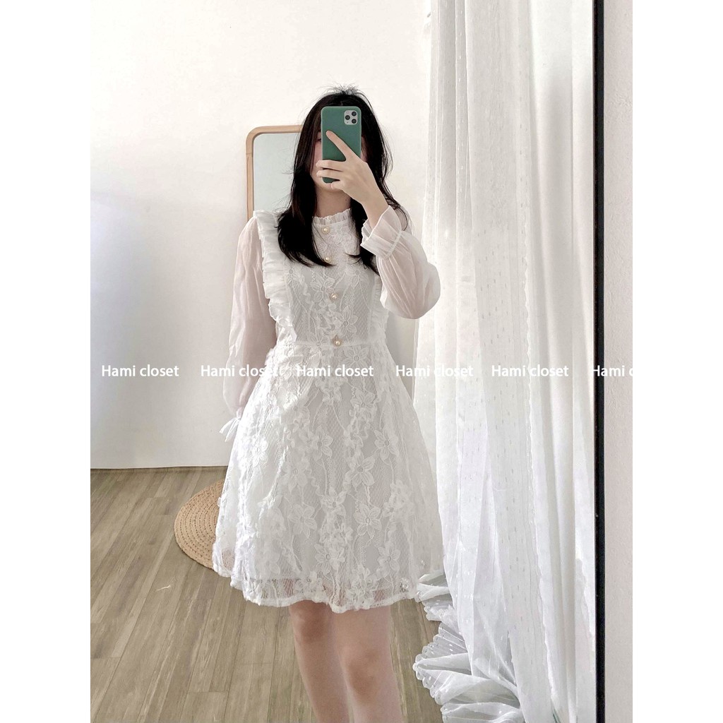 Váy đầm hoa thêu ren cúc ngực dáng xòe chữ A hàng thiết kế hàng chuẩn có size mã V005