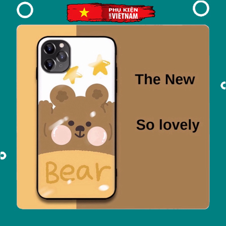 Ốp lưng iphone 6, 7, 8 Plus, X, XS, XR, XSMAX, 11, 11PRO, 11 PROMAX, 12, 13 PROMAX GẤU NÂU má phấn BẰNG KÍNH PKVN