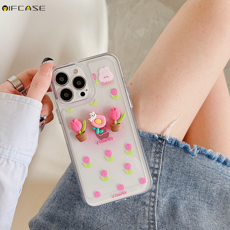 Ốp Điện Thoại Mềm Trong Suốt Họa Tiết Hoa Tulip / Thỏ Màu Hồng Gradient Cho iPhone 13 12 11 Pro Max XS Max XR X 7 8 Plus