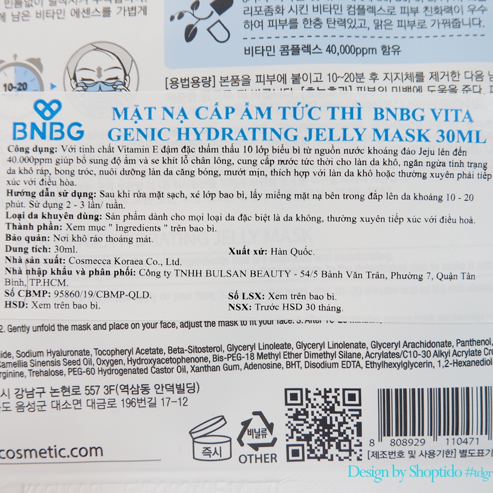 Combo 10 Mặt nạ BNBG dưỡng ẩm cho da Vita Genic Hydrating Jelly Mask 30ml NPP Shoptido