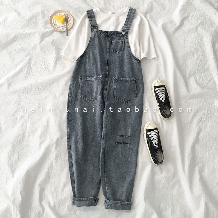 Quần yếm jean rách gối ulzzang siêu xinh | BigBuy360 - bigbuy360.vn