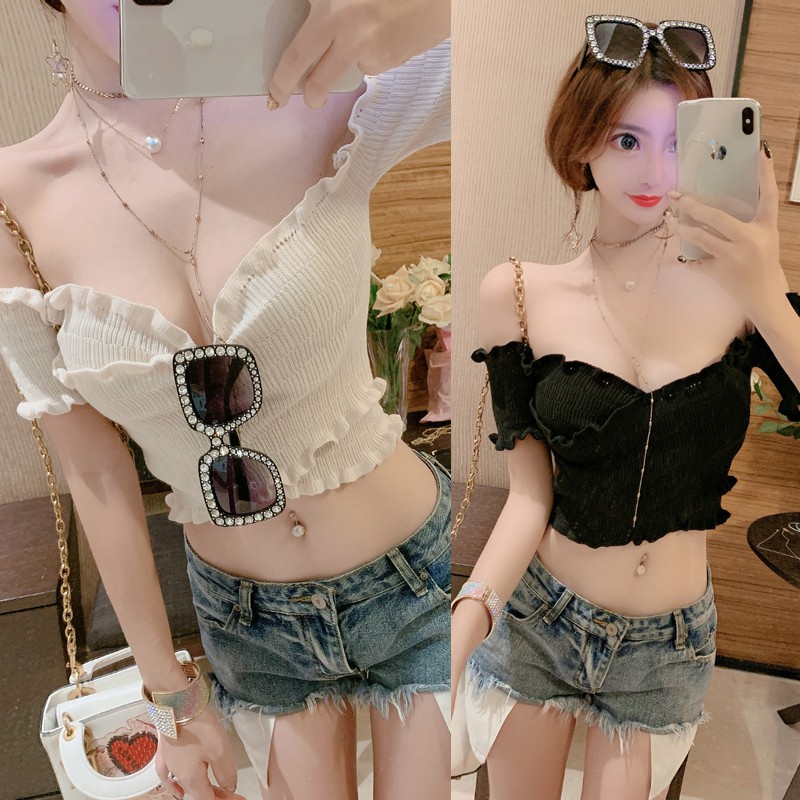 <Hàng Có Sẵn Đặc Biệt> Áo Dệt Kim Dáng Ôm Chéo Dây Ngực Ngắn Gợi Cảm Cẩn Thận Cẩn Thận Cho Nữ