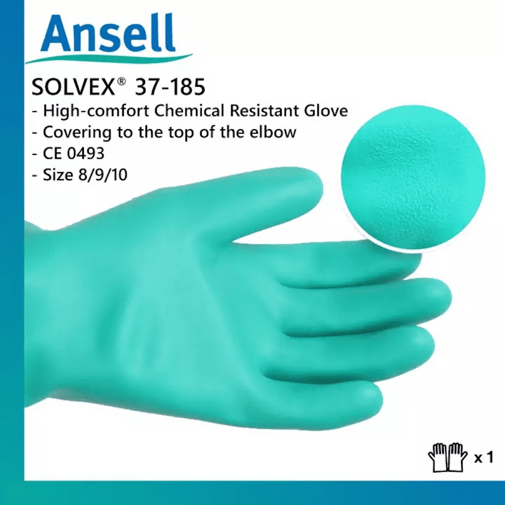 Găng tay chống hóa chất Ansell Solvex 37-185 cấu tạo nitrile, chống hóa chất, axit, dầu nhớt - Thinksafe