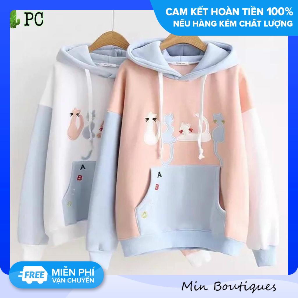 Áo khoác Hoodie nữ thêu 4 mèo ABCD chui đầu có mũ trùm - Hàng đẹp y hình