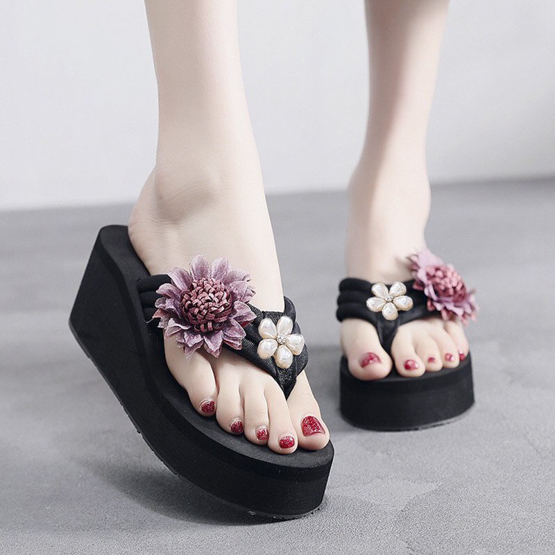 Dép Nữ Xỏ Ngón Đế Xuồng Cao Đính Hoa Chống Trượt Cho Mùa Du Lịch