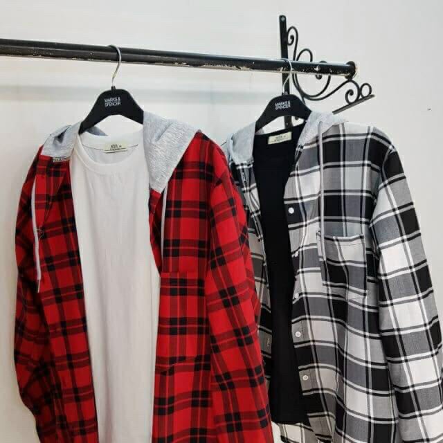 Áo khoác sơ mi chống nắng có mũ 2 lớp vải sơ mi caro cho nam và nữ