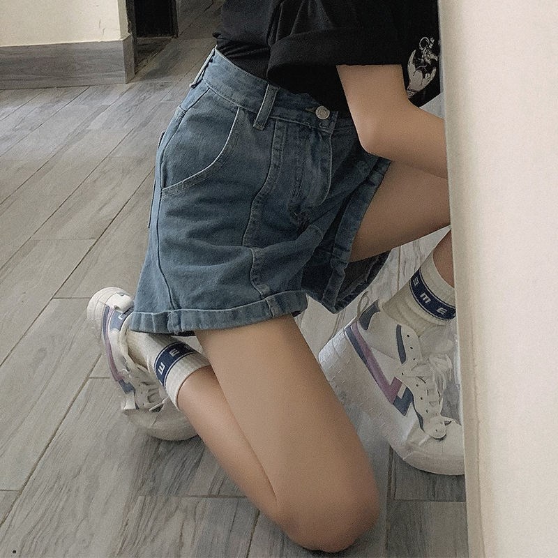 Quần short denim lưng cao phong cách Hàn Quốc cổ điển