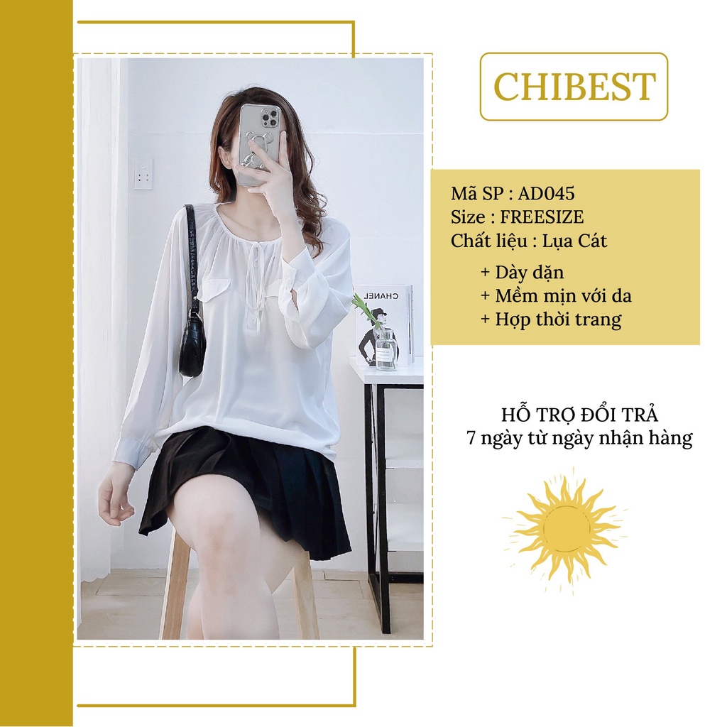 Áo kiểu nữ cổ xẻ túi nắp tay bồng dây cổ Áo xinh xắn tiểu thư nữ tính cực dễ thương  CHIBEST_AD045
