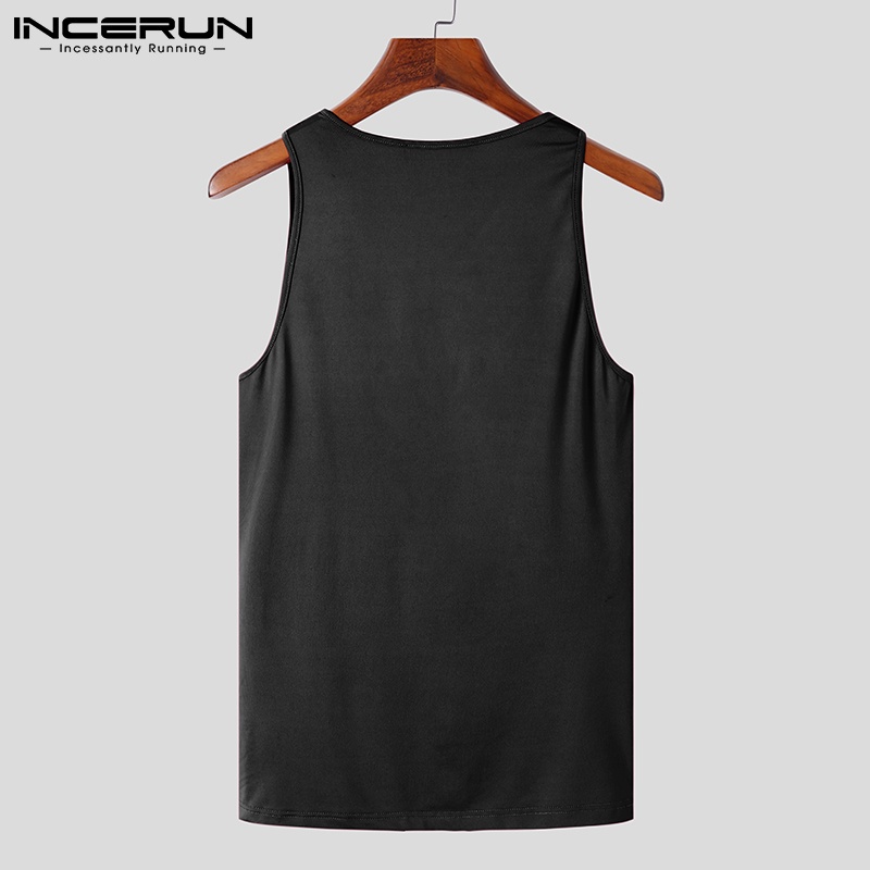 Áo thun INCERUN cổ tròn dáng ôm khoét rỗng không tay thoải mái cho nam màu đen
