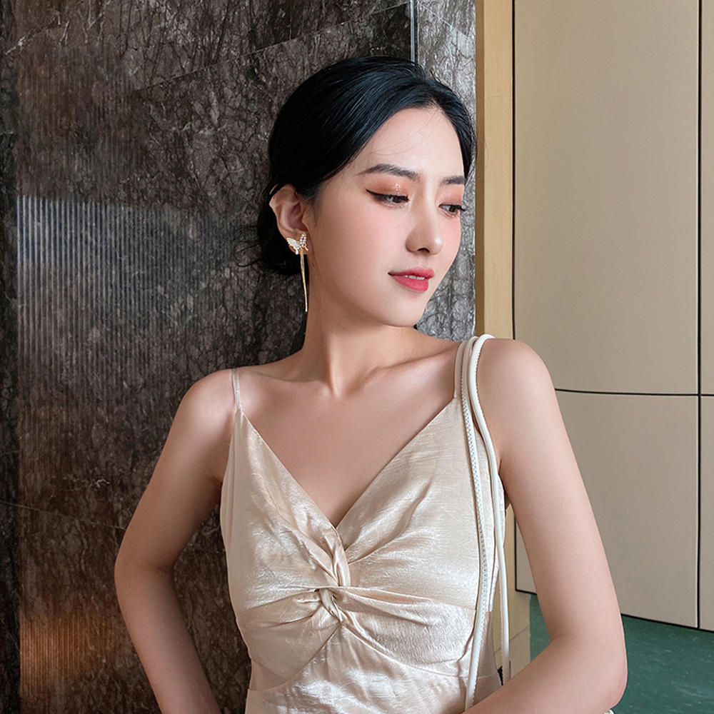 Khuyên tai mặt hình bươm bướm dáng dài đính đá thời trang dành cho nữ