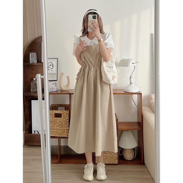 Set yếm babydoll dáng dài rút eo kèm áo sơ mi tay bồng viền bèo ulzzang
