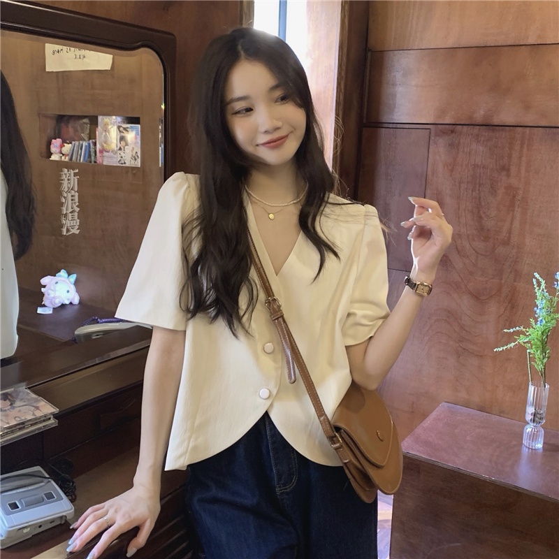 Áo Sơ Mi Nữ Cổ Chữ V Tay Ngắn Cài Một Hàng Nút Màu Hồng 53025