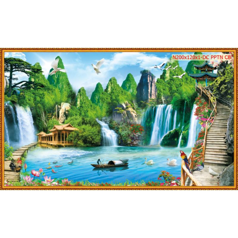 Tranh dán tường 3D sơn thủy hữu tình kích thước cao 95cm x ngang 120cm