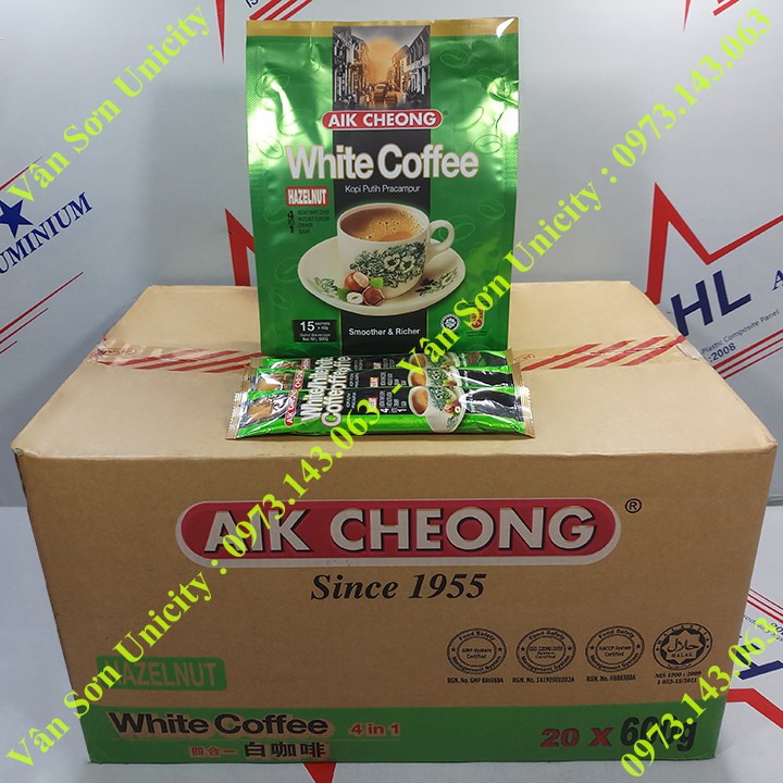 Cà phê trắng vị Hạt Phỉ (Hazelnut) Aik Cheong bịch 600g (15 gói dài * 40g)