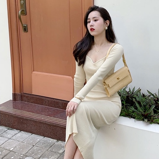 Cocory vn Đầm maxi dệt kim dài tay cổ vuông dáng ôm thời trang gợi cảm dành cho nữ