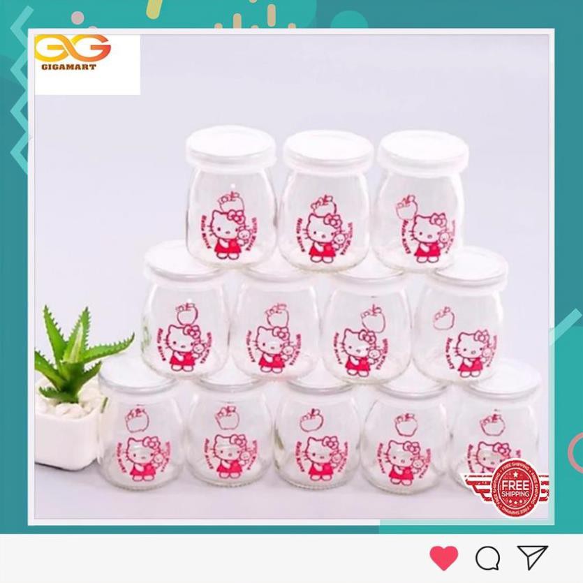 Bộ 12 hũ thủy tinh làm sữa chua 100ml , có nắp đậy, in hình Hello Kitty- Gigamart