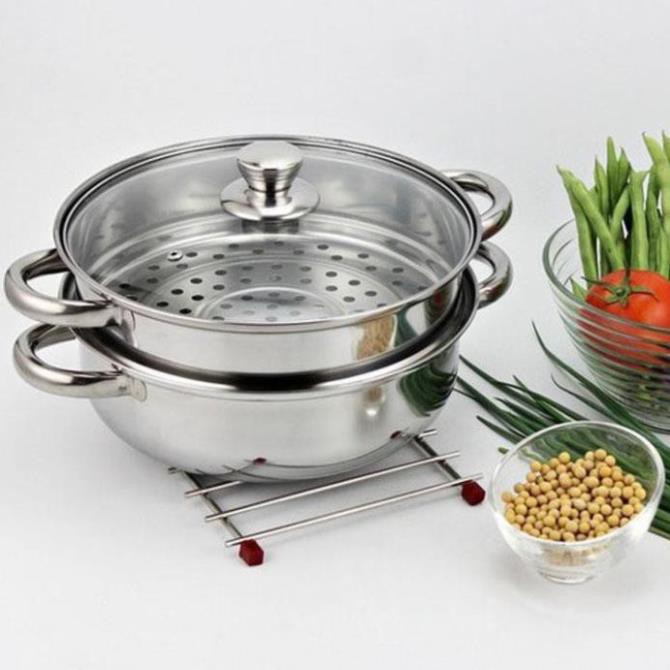 Bộ Nồi + Xửng Hấp INox - Nắp Thủy Tinh kích Thước 28CM - Đa Năng và Tiện Dụng, 2 in 1 vừa nấu lấu vừa làm xửng hấp