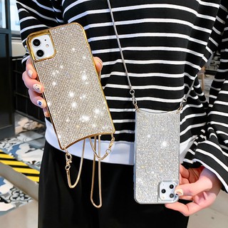 Dành Cho iPhone 15 14 13 12 Ốp Lưng Sang Trọng Bling Lấp Lánh Kim Cương Giả Đeo Ngang Dành Cho iPhone 12 Pro Max Bao Nữ Có Dây Đeo Dài Dây Xích Kim Loại