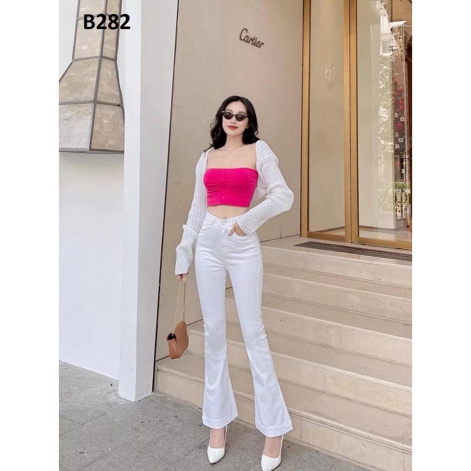 Quần jean dài nữ ống bass lưng cao mẫu trơn co giãn mạnh màu trắng