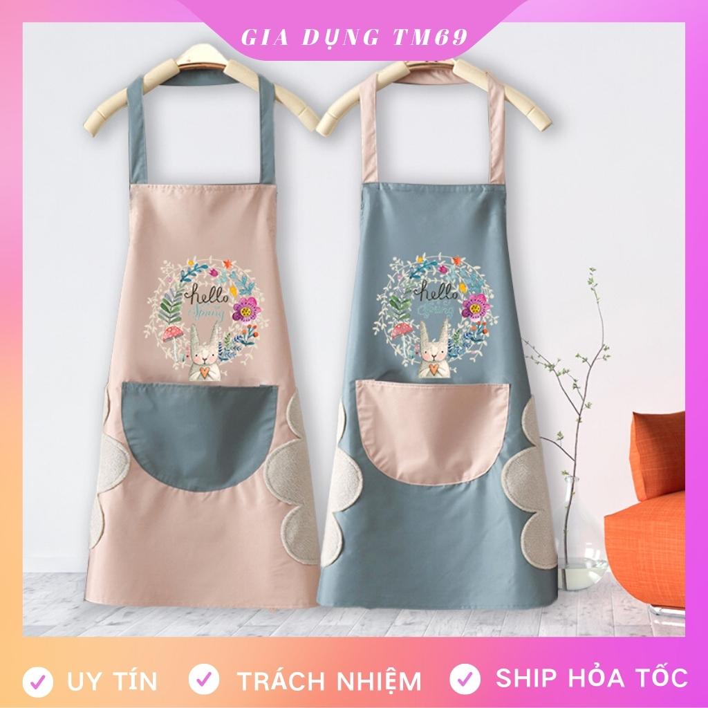 Tạp Dề Nấu Ăn Vải Chống Thấm Nước Dễ Thương Có Túi Nail Pha Chế Cao Cấp Họa Tiết Thỏ Xinh Có Chỗ Lau Tay