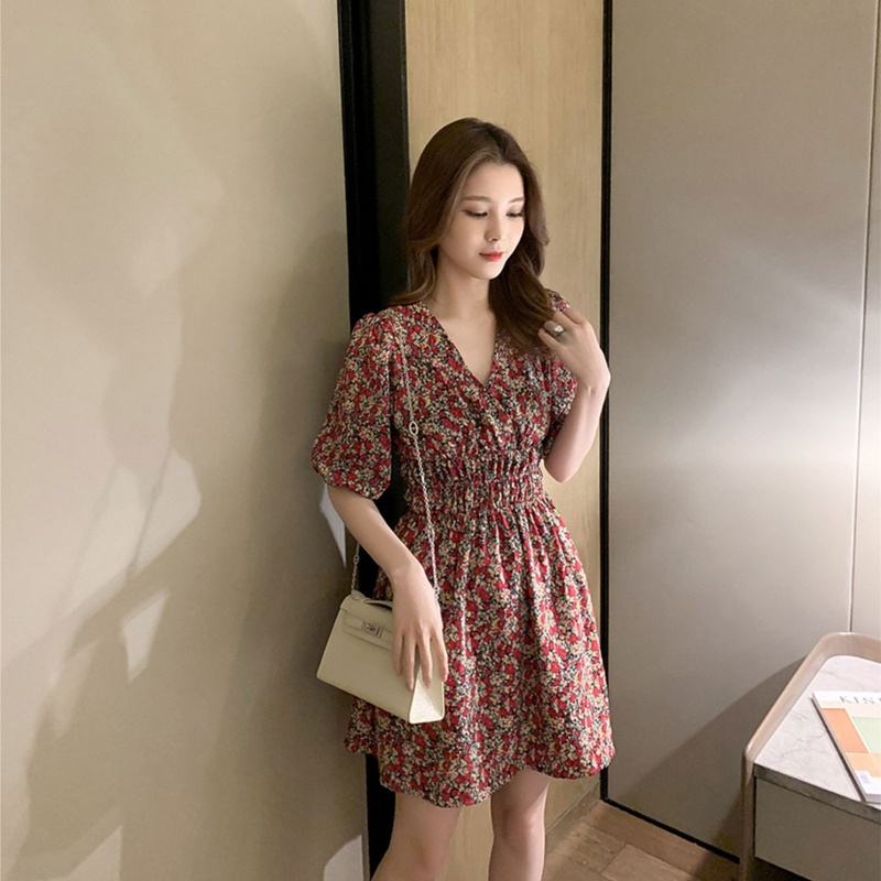 Đầm Ngắn Dáng Chữ A Tay Lửng Cổ Chữ V Eo Co Giãn In Hoa Quyến Rũ Dành Cho Nữ
