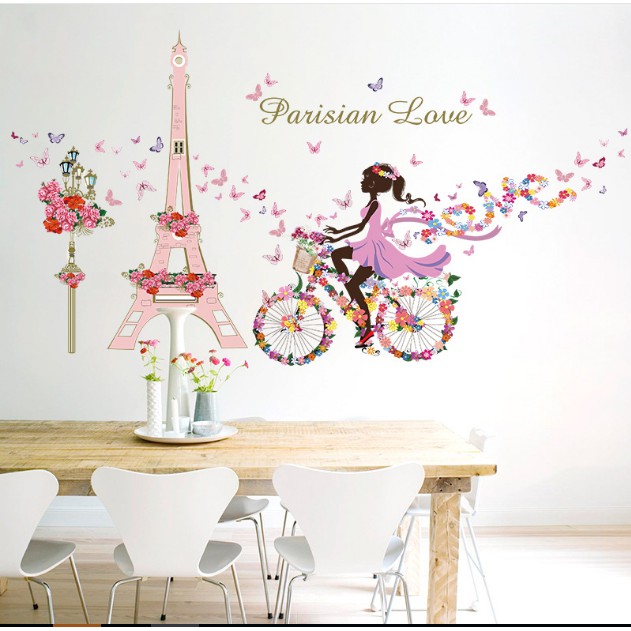 Decal trang trí Tháp Pasis Hồng Cô Gái Xe Đạp hoa
