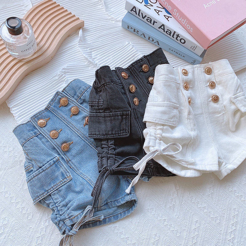 Quần Short Denim Lưng Cao Màu Trơn Phối Dây Rút Thời Trang Hàn Quốc Cho Bé Gái