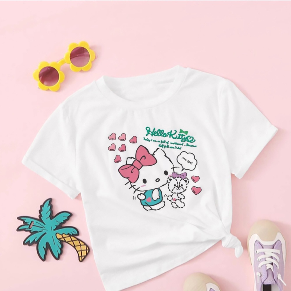 Áo Thun Vải Mềm Thoải Mái In Hình Mèo kitty Dễ Thương Cho Bé Gái