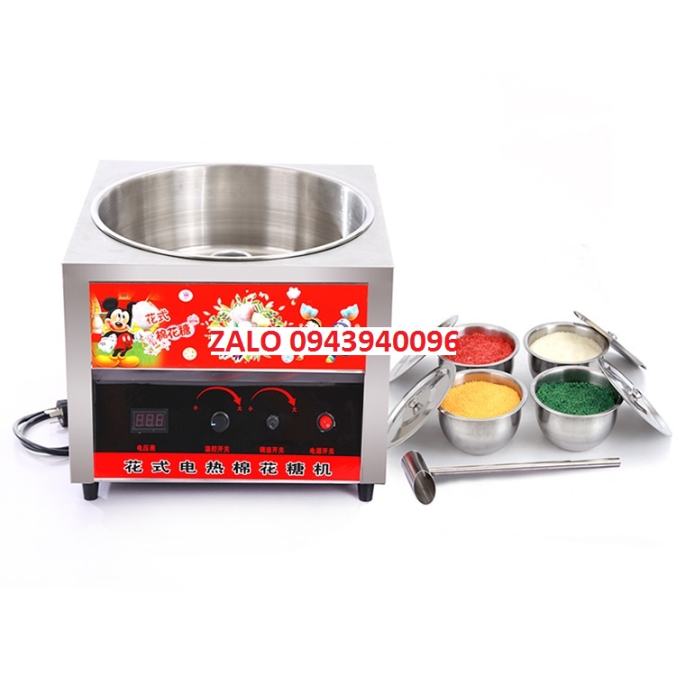 Máy làm kẹo bông gòn sử dụng điện . Bảo hành 1 năm-inox 100%-không kết dính đường như model cũ