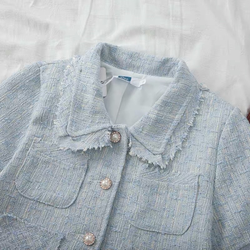 Set áo khoác ngoài cộc tay + chân váy dạ tweed tua rua màu xanh phối cúc ngọc