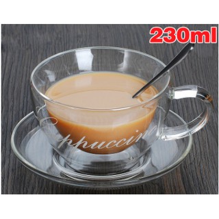 Ly thủy tinh hai lớp uống trà cafe, kèm thìa inox và đĩa lót ly size cỡ lớn 230ml L008