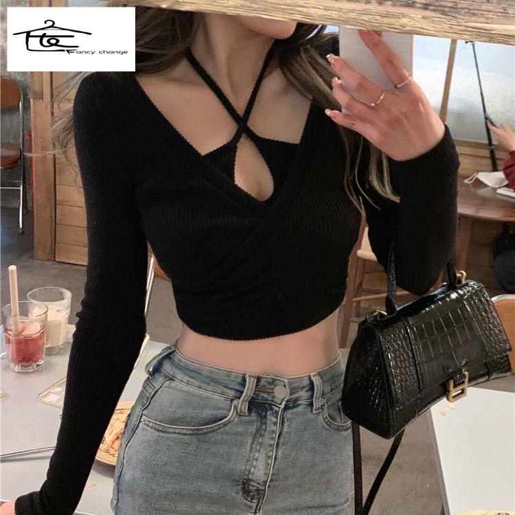 Áo Thun Cổ Chữ V Tay Dài Dáng Ngắn Thời Trang Xuân Thu Hàng Mới Dành Cho Bạn Nữ 2022