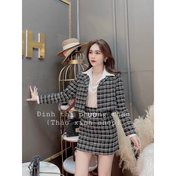 Set áo sơmi + sơmi croptop + chân váy sọc karo