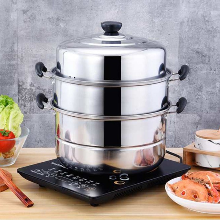 Nồi hấp inox 3 tầng hiện đại kích thước lớn, có thể sử dụng trên mọi loại bếp