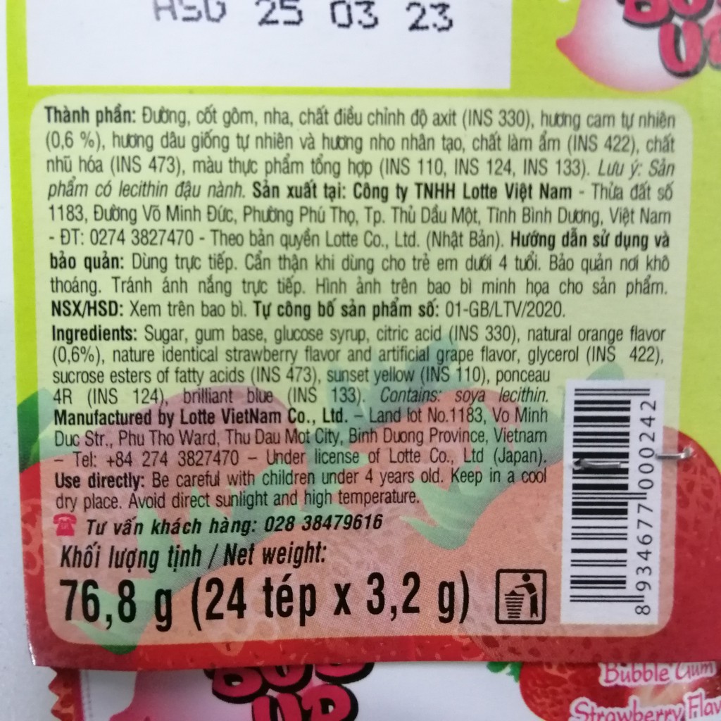 Kẹo Sing-gum Thổi Lotte Bub Up Hương Trái Cây (Gói 24 tép)