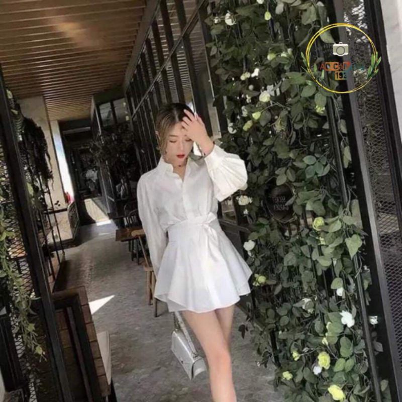 Set bộ: Áo sơmi form dài + thắt lưng obi + Quần short