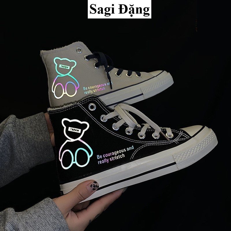 Giày thể thao bata nữ ulzzang cv cổ cao hình gấu phản quang full box, giày học sinh đế bằng vải canvas