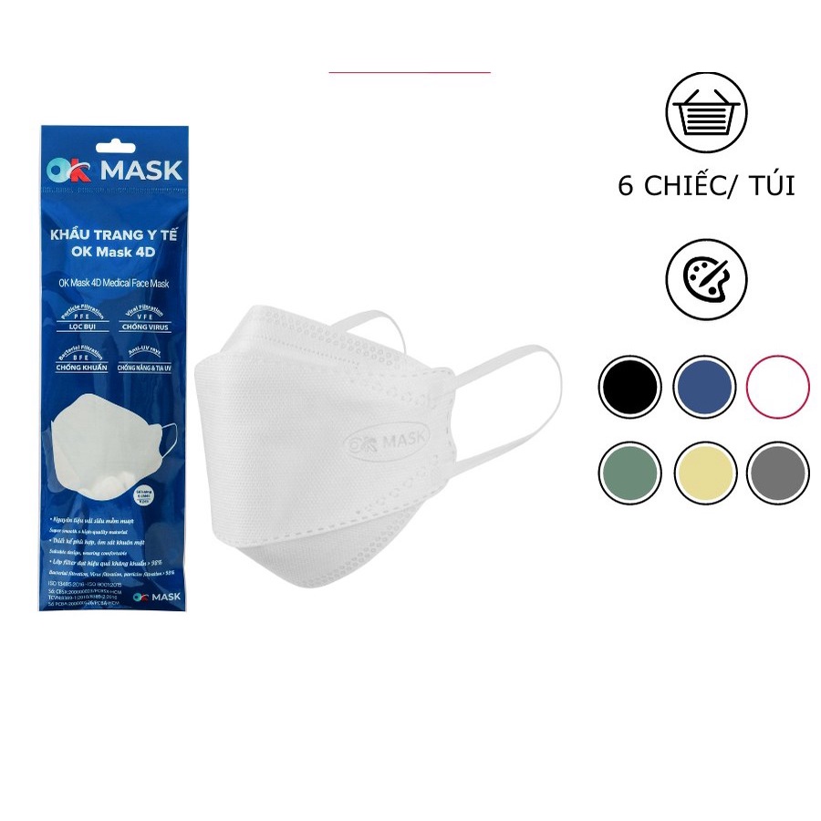 Khẩu Trang Y Tế 4D Ok Mask Thiết Kế Kf94, Kháng Khuẩn, Công Nghệ Nhật Bản (6 Chiếc/Túi)